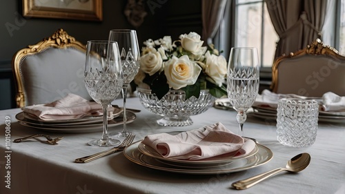 Expensive tableware: an elegant table with porcelain plates, crystal glasses and textile napkins photo