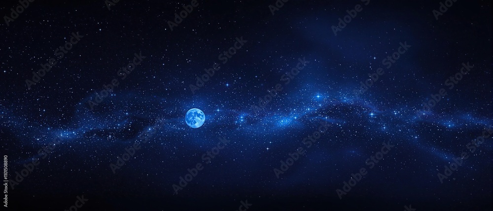 Naklejka premium Dark blue sky with bright stars and a full moon, nocturnal, lunar