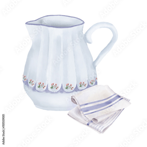 Porcelain jug with floral painting, linen towel nearby. Watercolor digital illustration. Ceramic milk or water jug and striped napkin isolated on white background. For textile or print for cafe photo