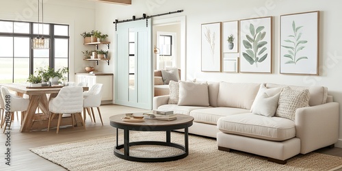 明るくナチュラルなインテリアのリビングとグリーンのスライドドア | Bright and Natural Living Room with Green Sliding Door