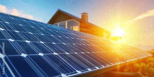 Graphic illustration of solar energy flow from sun to panels to home, in a clean, modern style.