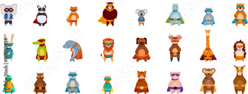 Animals superhero icons set. Cartoon animals wearing superhero costumes and capes, ready to save the day
