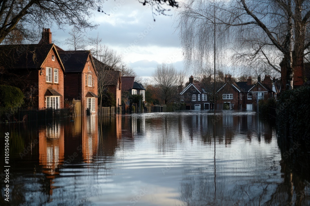 Fototapeta premium Flooding causes with houses and roads submerged in water