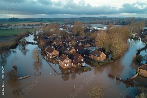 Flooding causes with houses and roads submerged in water photo