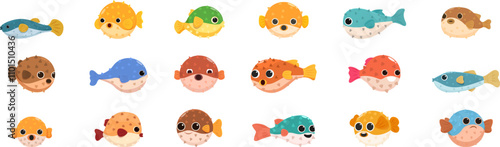 Puffer fish icons set. Sixteen colorful pufferfish in different poses, some inflated and some swimming, creating a playful and diverse underwater scene