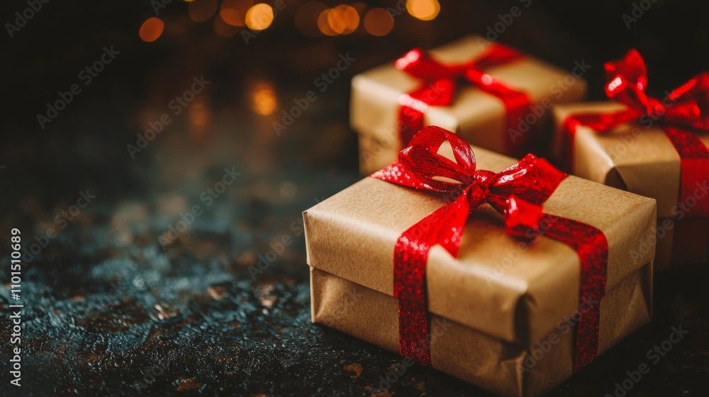 Gift boxes wrapped in kraft paper with red bows Gift boxes wrapped in kraft paper with red bows