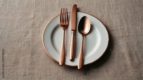 Rose gold flatware on a linen napkin photo