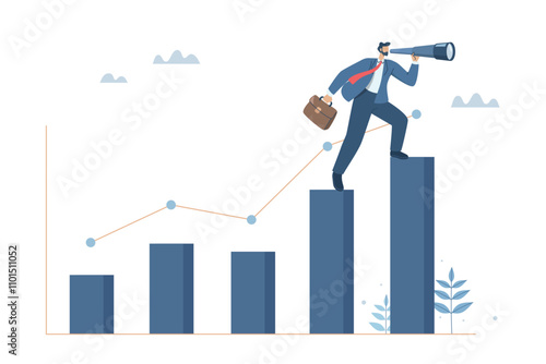Businessman holding briefcase and using binoculars while climbing growth graph to see future business strategy, Using business vision to forecast, Challenges to develop and achieve success, Vector.