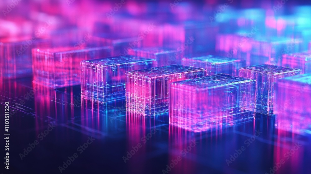 Abstract translucent blocks reflecting vibrant purple and blue light, creating a futuristic and dynamic atmosphere indicative of technology and innovation Abstract translucent blocks reflecting vibrant purple and blue light, creating a futuristic and dynamic atmosphere indicative of technology and innovation