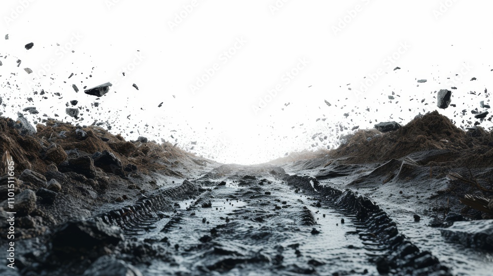 A dynamic shot of tire tracks cutting through muddy ground, with dirt and rocks dramatically flying into the air. The image captures action and rugged textures, emphasizing outdoor adventure or A dynamic shot of tire tracks cutting through muddy ground, with dirt and rocks dramatically flying into the air. The image captures action and rugged textures, emphasizing outdoor adventure or