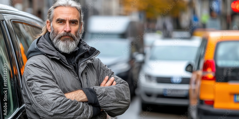 Commuting to work concept, A middle-aged man with a beard stands confidently by a parked car, surrounded by urban traffic and autumn foliage. Commuting to work concept, A middle-aged man with a beard stands confidently by a parked car, surrounded by urban traffic and autumn foliage.