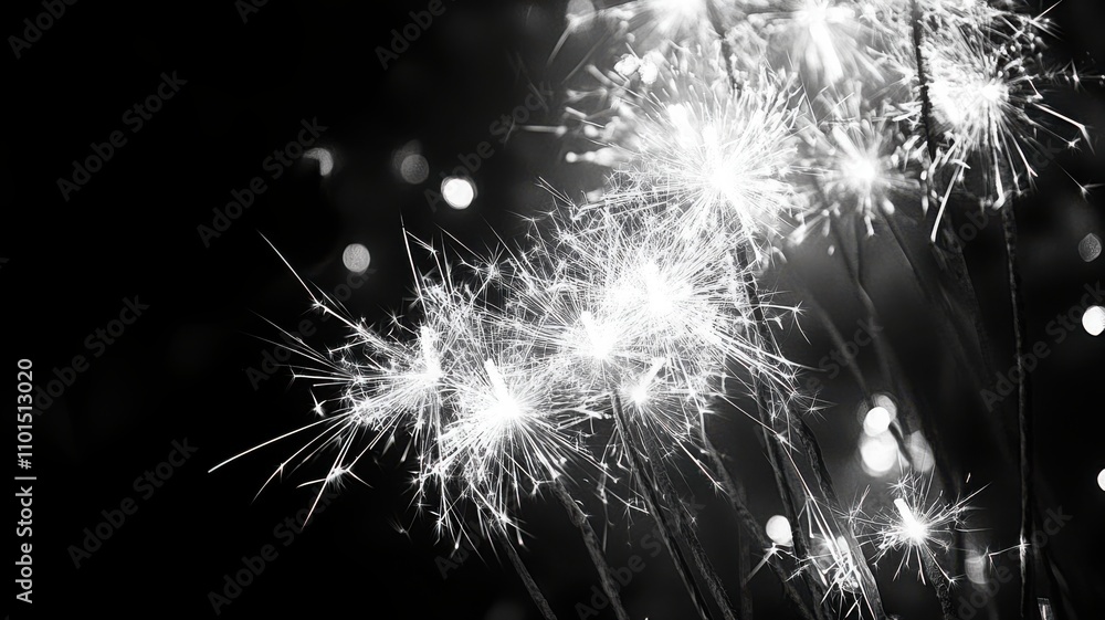 Naklejka premium Monochrome fireworks illuminate dark sky, classic holiday atmosphere. Christmas, New Year's Eve