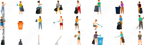 Children collecting trash icons set. Volunteers actively participate in cleaning and sorting waste, fostering environmental responsibility and promoting sustainable practices