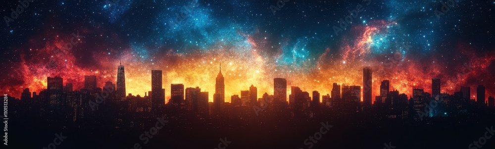 Starry city skyline with colorful lights and stars in the sky Starry city skyline with colorful lights and stars in the sky