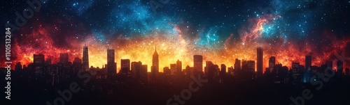 Starry city skyline with colorful lights and stars in the sky