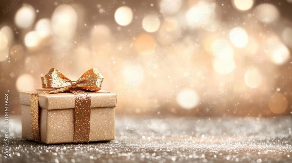 A beautifully wrapped gift box with a golden bow sits against a sparkling festive background, radiating warmth and joy during the holiday season A beautifully wrapped gift box with a golden bow sits against a sparkling festive background, radiating warmth and joy during the holiday season