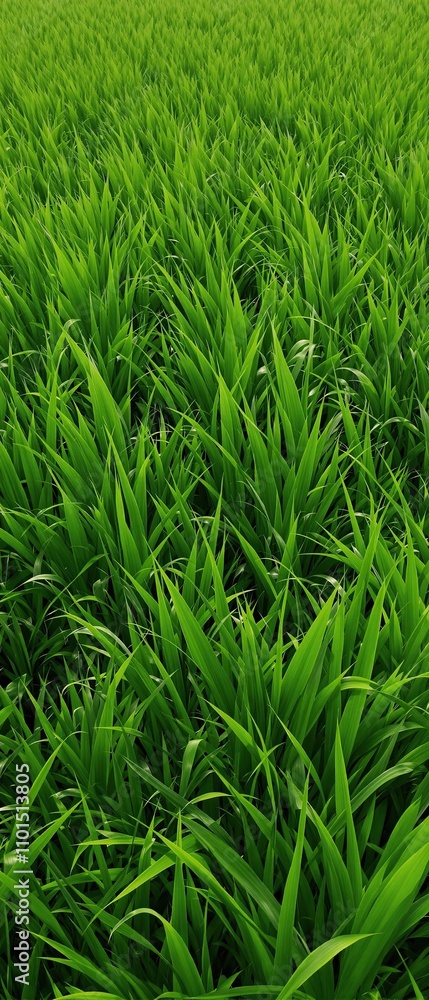 Fototapeta premium Lush green landscape with tall blades of grass swaying in the wind, outdoor scenery, vegetation, serene atmosphere