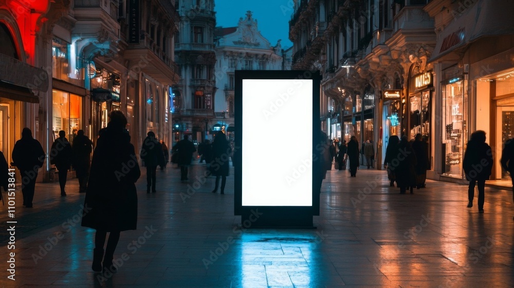 Illuminated City Street with a Blank Billboard and Silhouettes of People Walking Illuminated City Street with a Blank Billboard and Silhouettes of People Walking