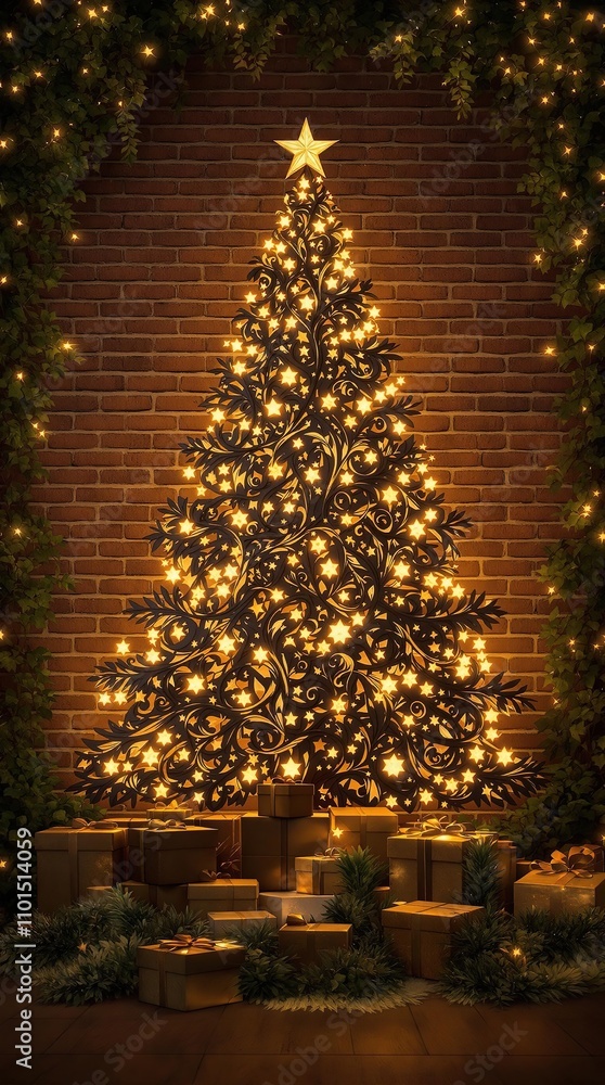 Fototapeta premium Luxurious Christmas tree on a rustic brick wall adorned with intricately carved wooden gift boxes, Christmas tree, brick wall with greenery