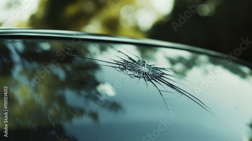 Sharp close-up photo of a small crack on a car windshield, reflecting off the surrounding area on the glass. Blurred background of trees and soft light. Add depth and clarity