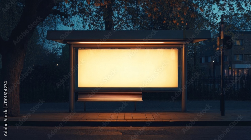 Illuminated Blank Billboard at a Nighttime Bus Stop Illuminated Blank Billboard at a Nighttime Bus Stop
