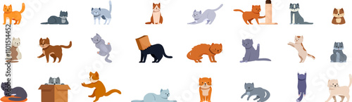 Behavior cat icons set. Collection of funny cats playing, scratching, stretching, and exploring