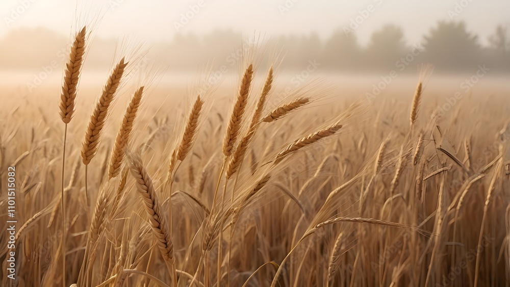 Fototapeta premium Soft Beige Wheat Stalks in Foggy Morning Light with Subtle Horizon