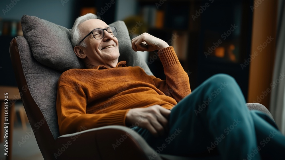 Obraz premium Elderly man with glasses wearing an orange sweater and sitting relaxed on a comfortable chair, smiling contently in a cozy indoor setting.