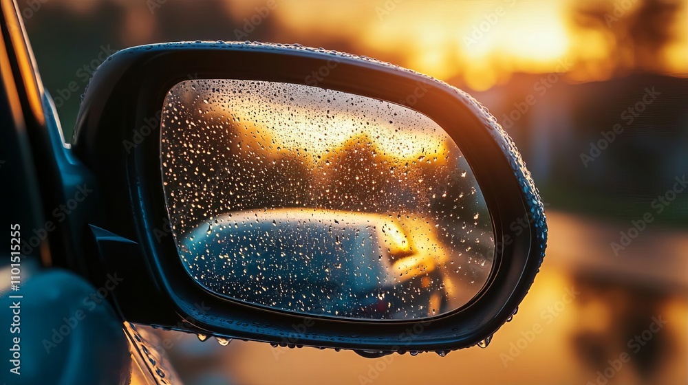 Sunset View Through Rain Covered Car Mirror Transportation Driving Water Droplets Sunset View Through Rain Covered Car Mirror Transportation Driving Water Droplets