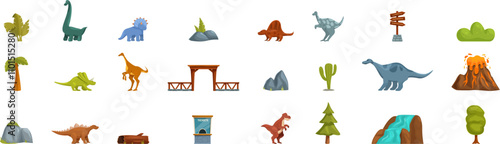 Dinosaur park icons set. Cartoon dinosaurs roam among lush vegetation, volcanoes, and park structures, offering a glimpse into prehistoric life and family entertainment
