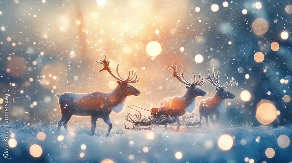 Reindeer and Sleigh in a Snowy Winter Wonderland Reindeer and Sleigh in a Snowy Winter Wonderland