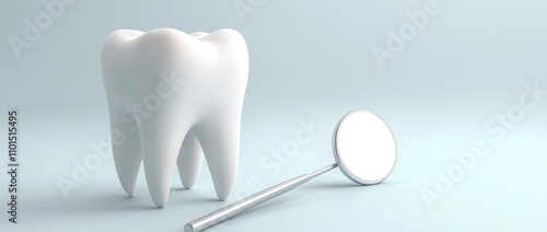 A white tooth and dental mirror on a table in a light blue background