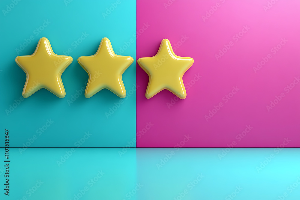 Obraz premium Three Glossy Yellow Stars on a Pink and Blue Background: Minimalist 3D Graphic Design