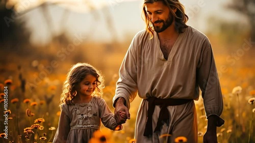 jesus and a little girl are walking in the field
