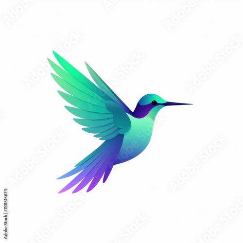 Vibrant Hummingbird Illustration in Soothing Shades of Blue and Green with Graceful Wings and Elegant Curves, Perfect for Nature and Wildlife Themes