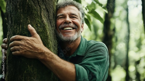 Smiling elderly man with gray beard hugging a tree in a lush forest setting