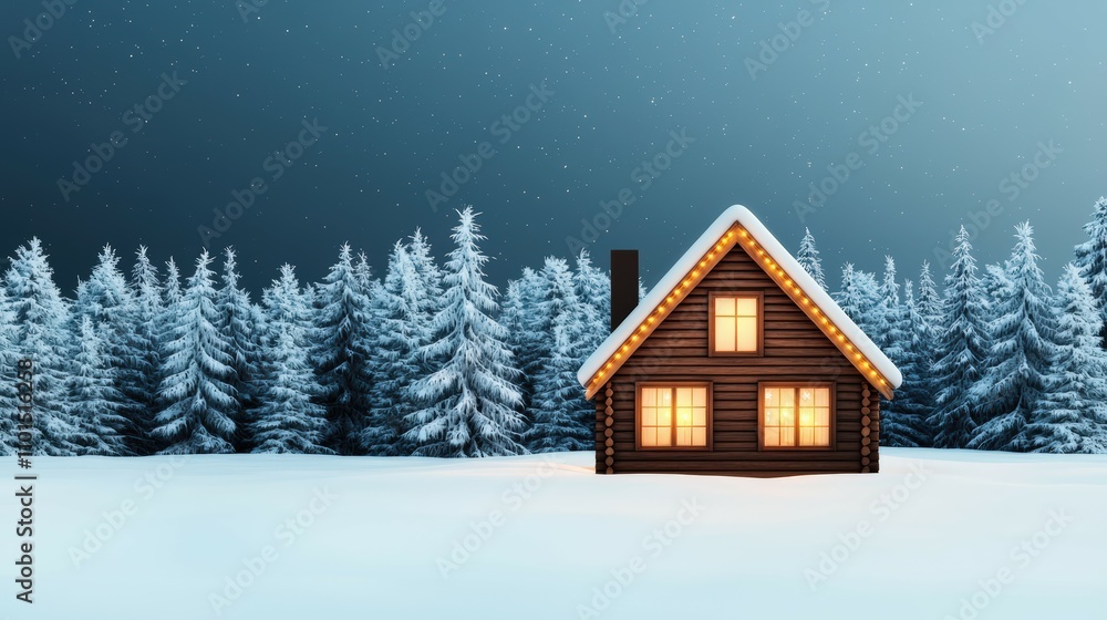 Cozy wooden cabin glowing with warm light in snowy landscape under starry night sky surrounded by tall evergreen trees Cozy wooden cabin glowing with warm light in snowy landscape under starry night sky surrounded by tall evergreen trees