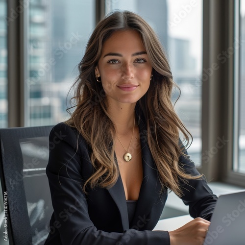 A confident woman in a business suit smiles at the camera, sitting at a desk with a laptop, This image is ideal for professional themes, representing success, entrepreneurship