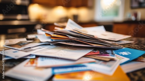 A Pile of Papers and Magazines on a Kitchen Counter