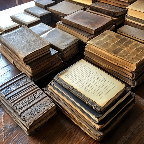 make me an evolution of print from scrolls to manuscripts to book bound pineted books , woodblocks, and digital books like kindle in one table in photo journalistic style photo