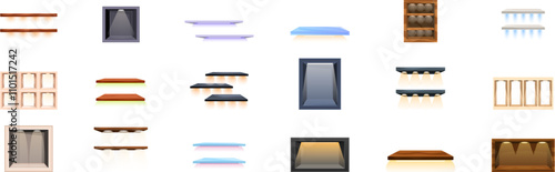 Shelves backlight icons set. Collection of various illuminated shelves and display cases showcasing diverse designs and functionalities for modern interiors