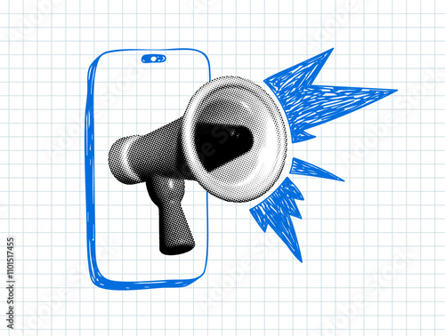 Halftone loudspeaker sticking out of phone. Modern collage. Doodle style smartphone and megaphone on a checkered sheet. Trendy newspaper bullhorn. Online shopping concept. Online business