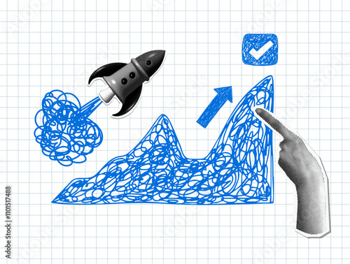 Modern collage with launching rocket, sales chart, halftone pointing hand. Data analysis. Marketing analytics. Concept of successful business