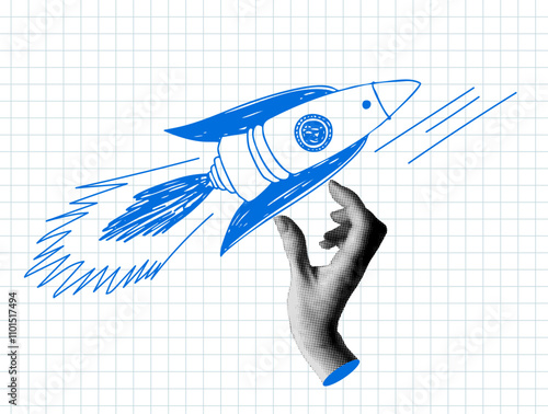 Rocket launch. Halftone hand pushes the rocket. Success concept. Modern collage. Starting a business. Startup idea. Creating new ideas. Creative illustration with cut out newspaper elements and doodle