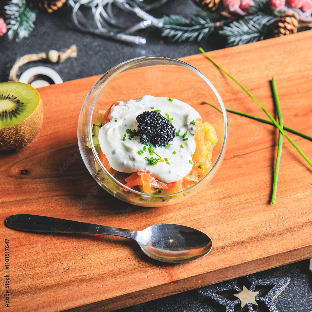 Kiwi salmon cream cheese and lumpfish roe verrine in studio