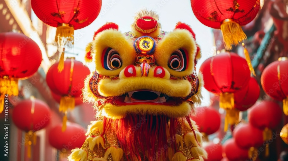 Yellow Lion Dance Costume with Red Lanterns Yellow Lion Dance Costume with Red Lanterns