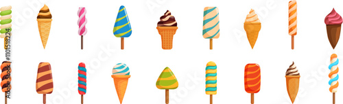Spiral ice cream icons set. Delicious frozen treats offer a sweet escape from the summer heat, with various flavors and forms