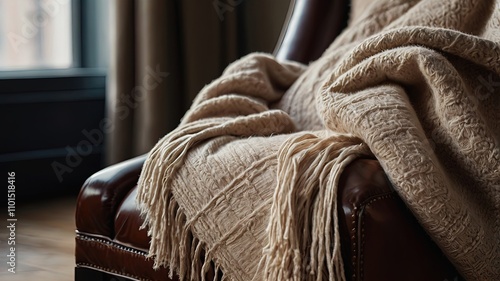 Luxurious textiles: Close-up of a soft cashmere throw neatly folded on a leather chair photo