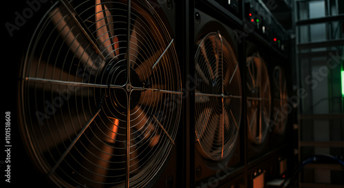 Close-up of Industrial Cooling Fans in Server Room - High-Performance Data Center Infrastructure photo