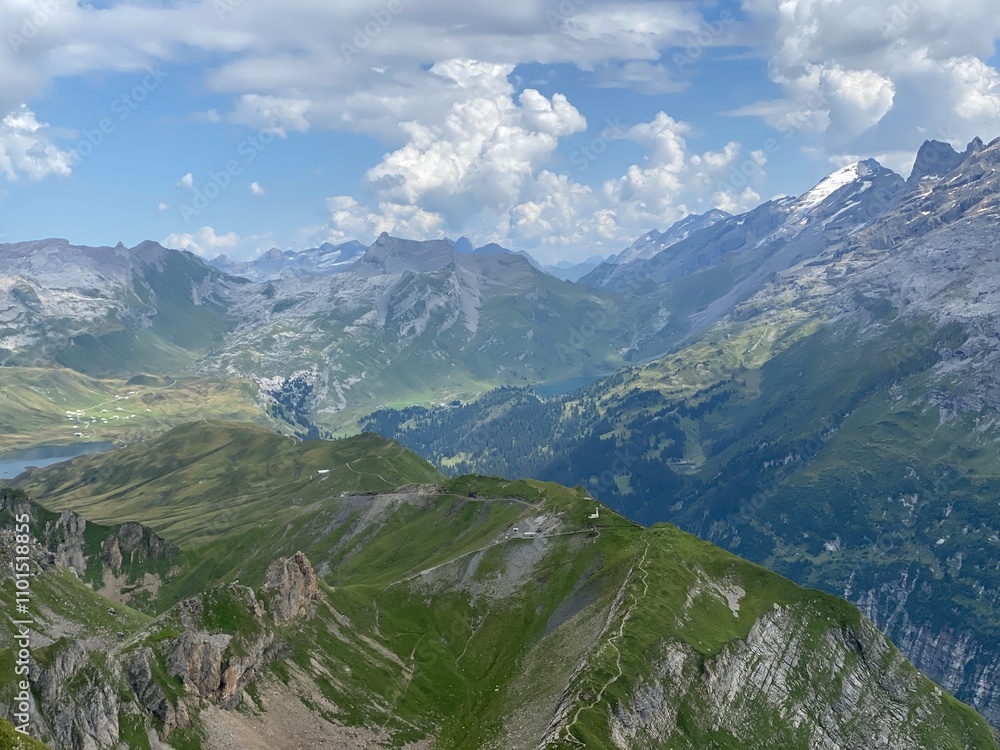 Fototapeta premium View of the Urner Alpen from the peaks above Lake Melchsee or Melch Lake in the Uri Alps mountain massif, Kerns - Canton of Obwald, Switzerland (Kanton Obwalden, Schweiz)